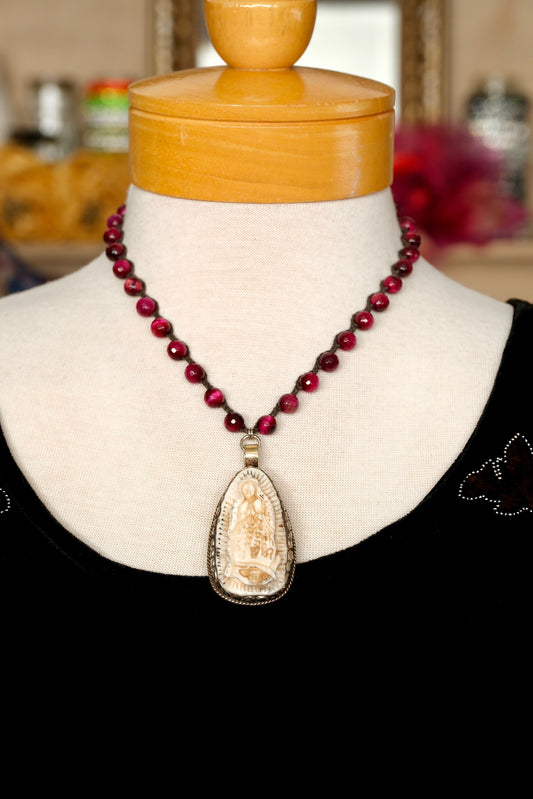 Guadalupe Pendant Necklace with Pink Tiger Eye Beads