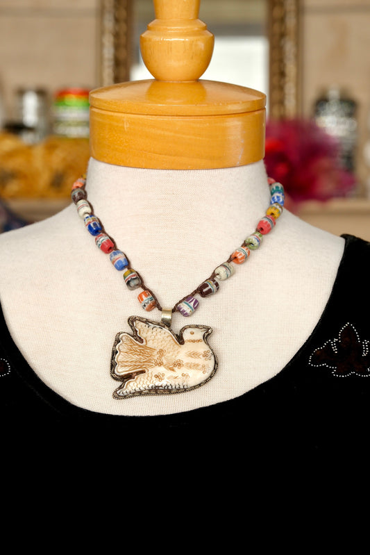 Dove Pendent Necklace with African Beads