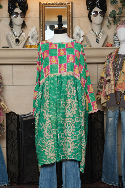 Midi Dress in Green and Pink Checkerboard