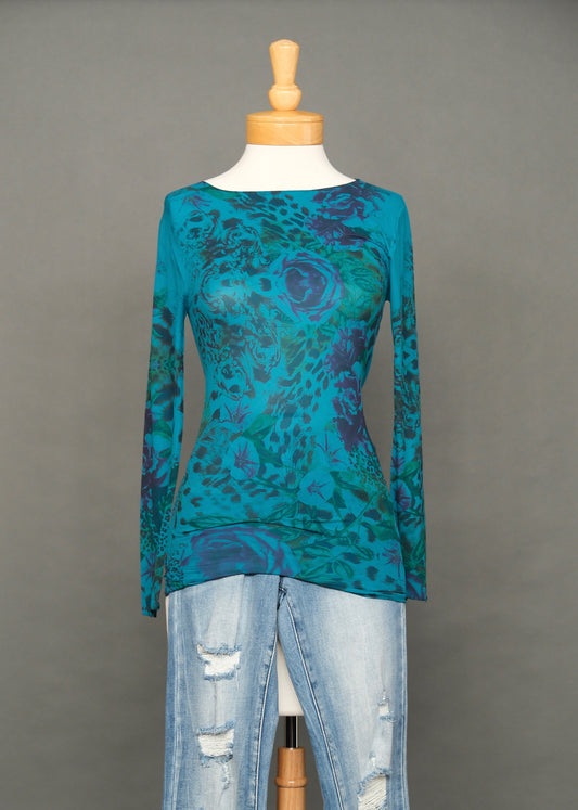 Leopard & Roses in Teal Mesh T Shirt