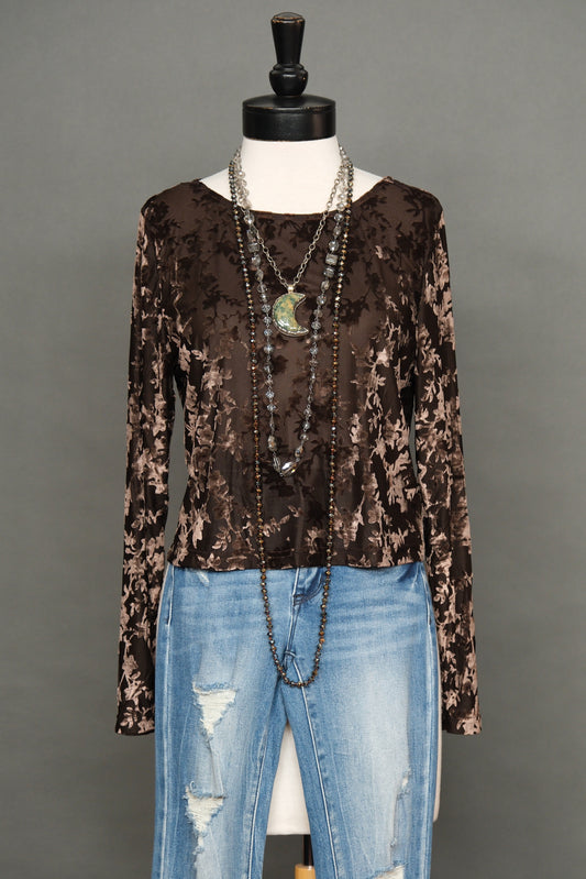 Brown Floral Burnout Cropped Top