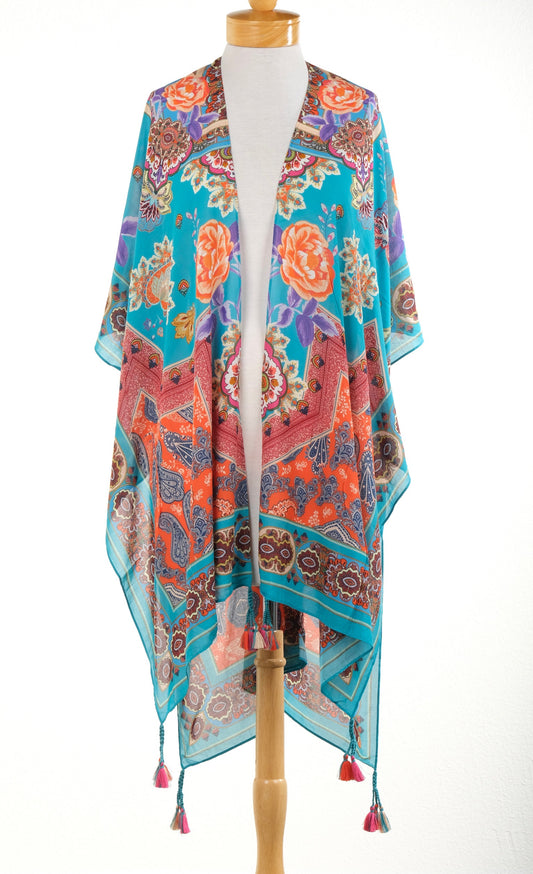 Kimono Topper in Turquoise Rose Garden