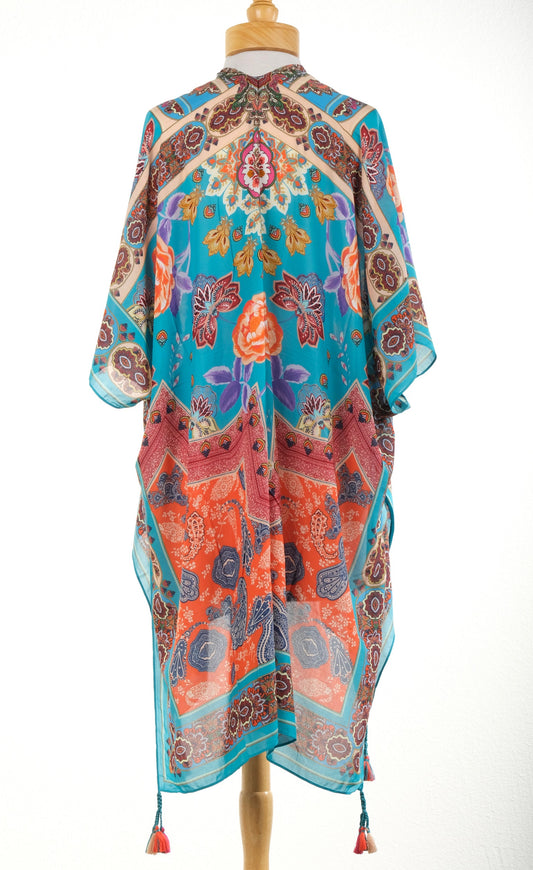 Kimono Topper in Turquoise Rose Garden