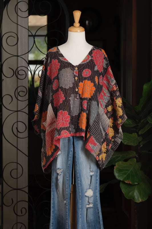 Kantha Button Top in Fall Flowers
