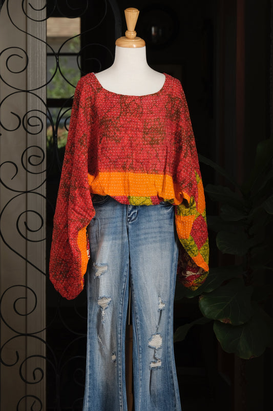 Gathering Top in Red Daisy Border