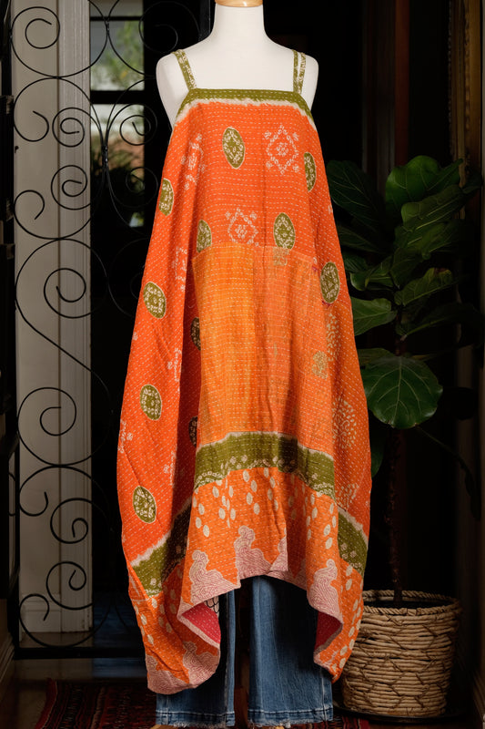 Kantha Maxi Dress in Orange Olive Border