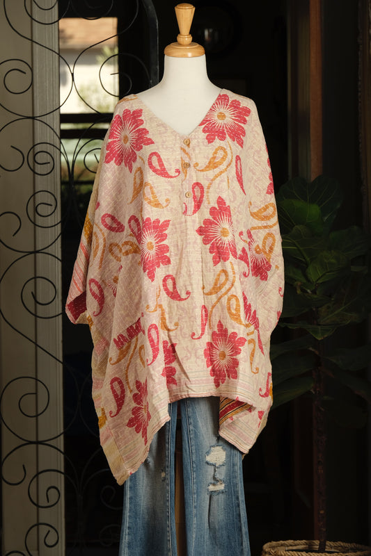 Kantha Button Top in Red Flower