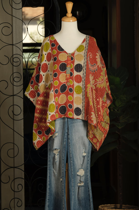 Kantha Button Top in Dot Garden