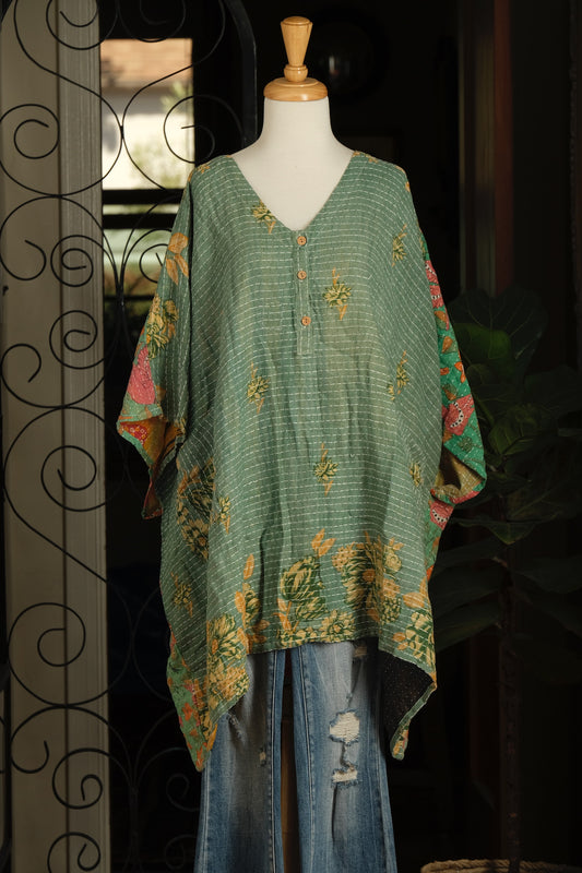 Kantha Button Top in Jade Flower