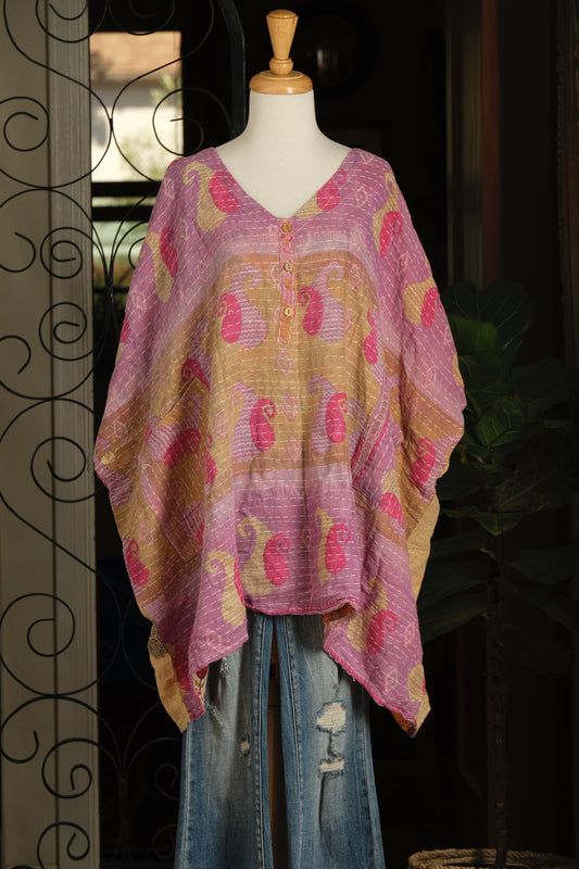 Kantha Button Top in Pink Paisley