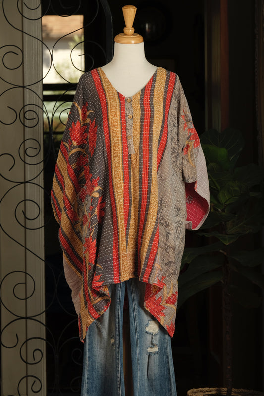 Kantha Button Top in Flame Lotus