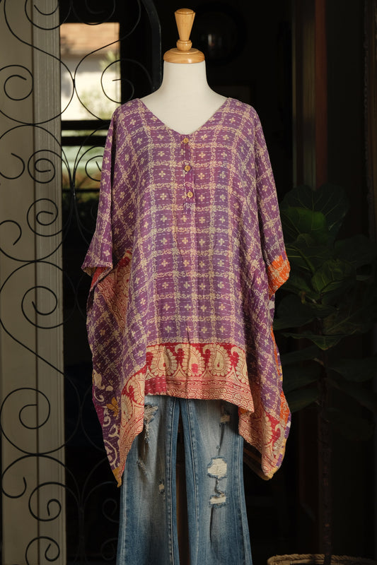 Kantha Button Top in Purple Lattice