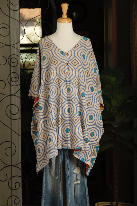Kantha Button Top in Blue Hypnotic