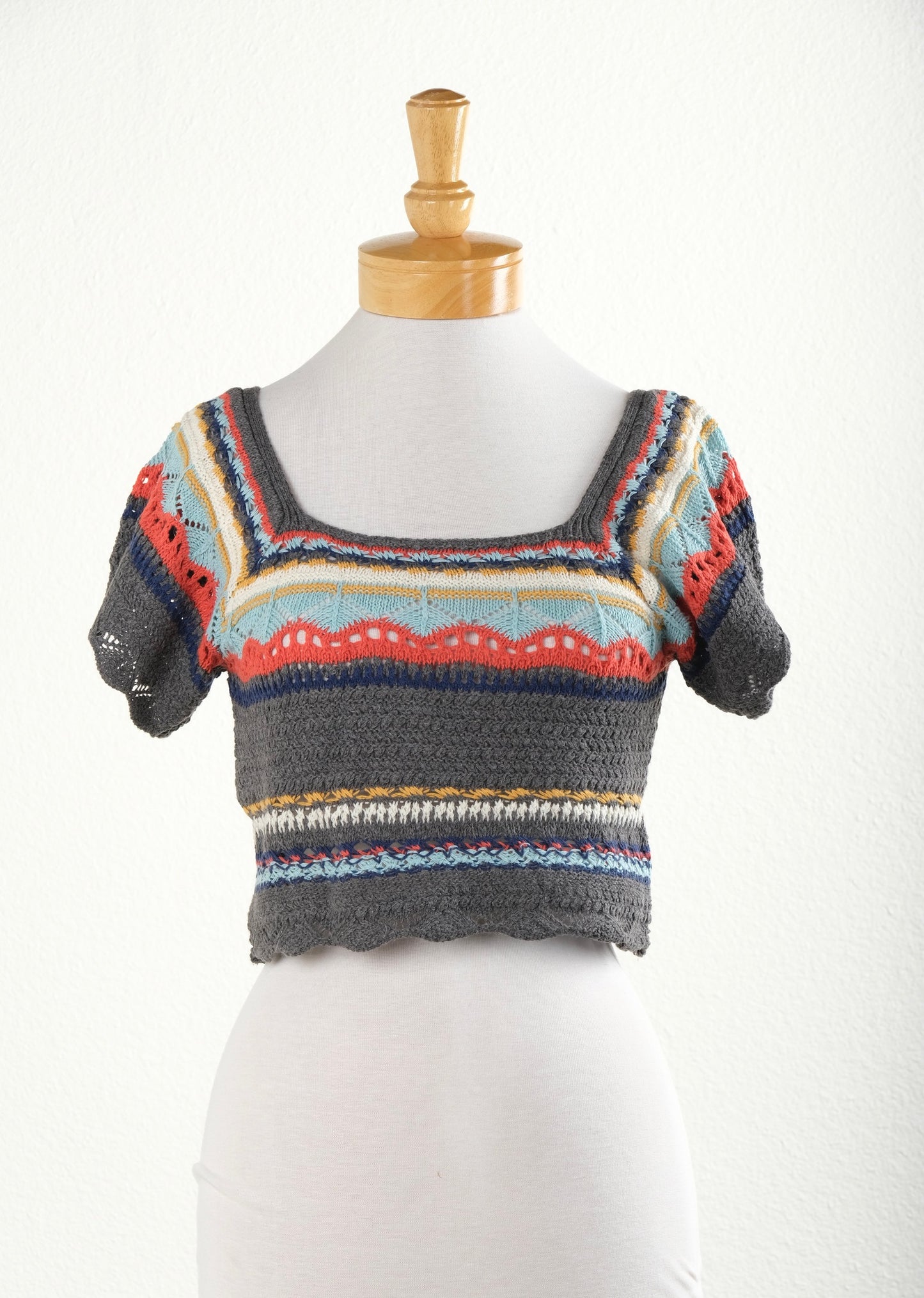 Summer Stripe Crochet Top in Grey