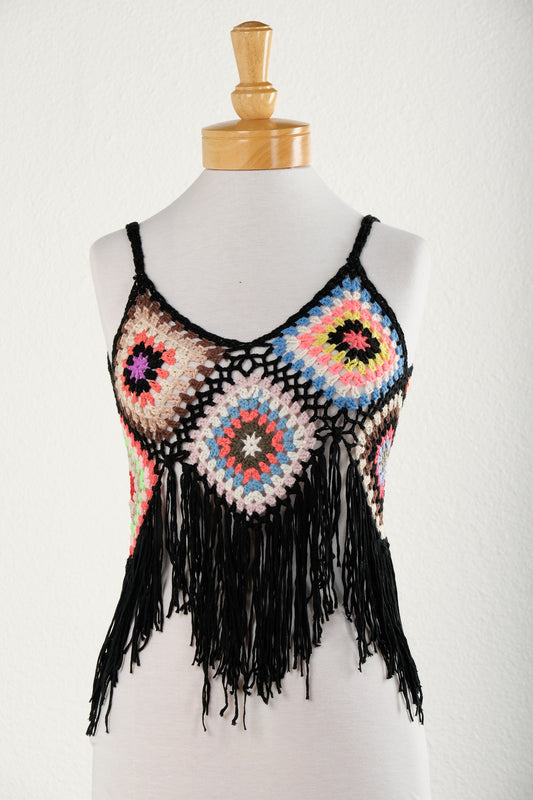 Dream Weaver Crochet Tank in Black/Rainbow