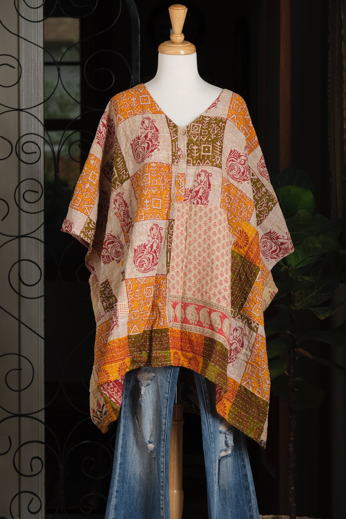 Kantha Button Top in Olive Patch