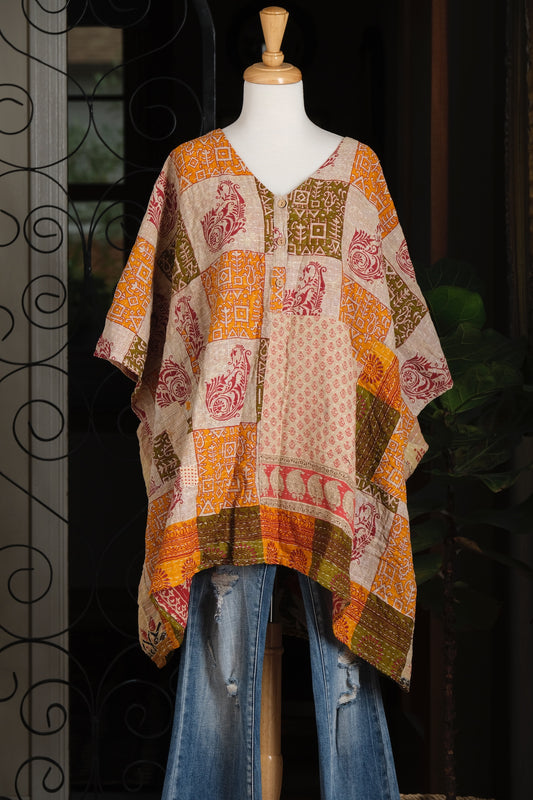 Kantha Button Top in Olive Patch