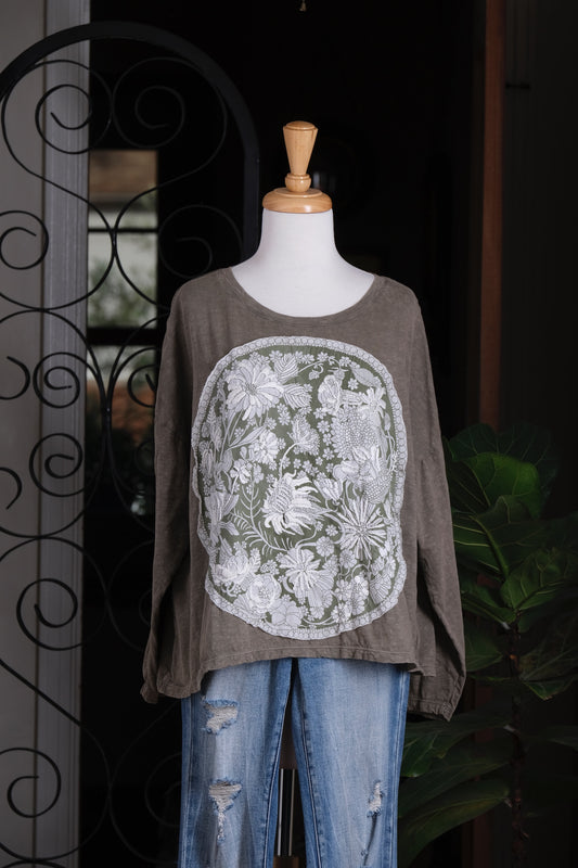 Crop Wild Flower T Shirt in Olive