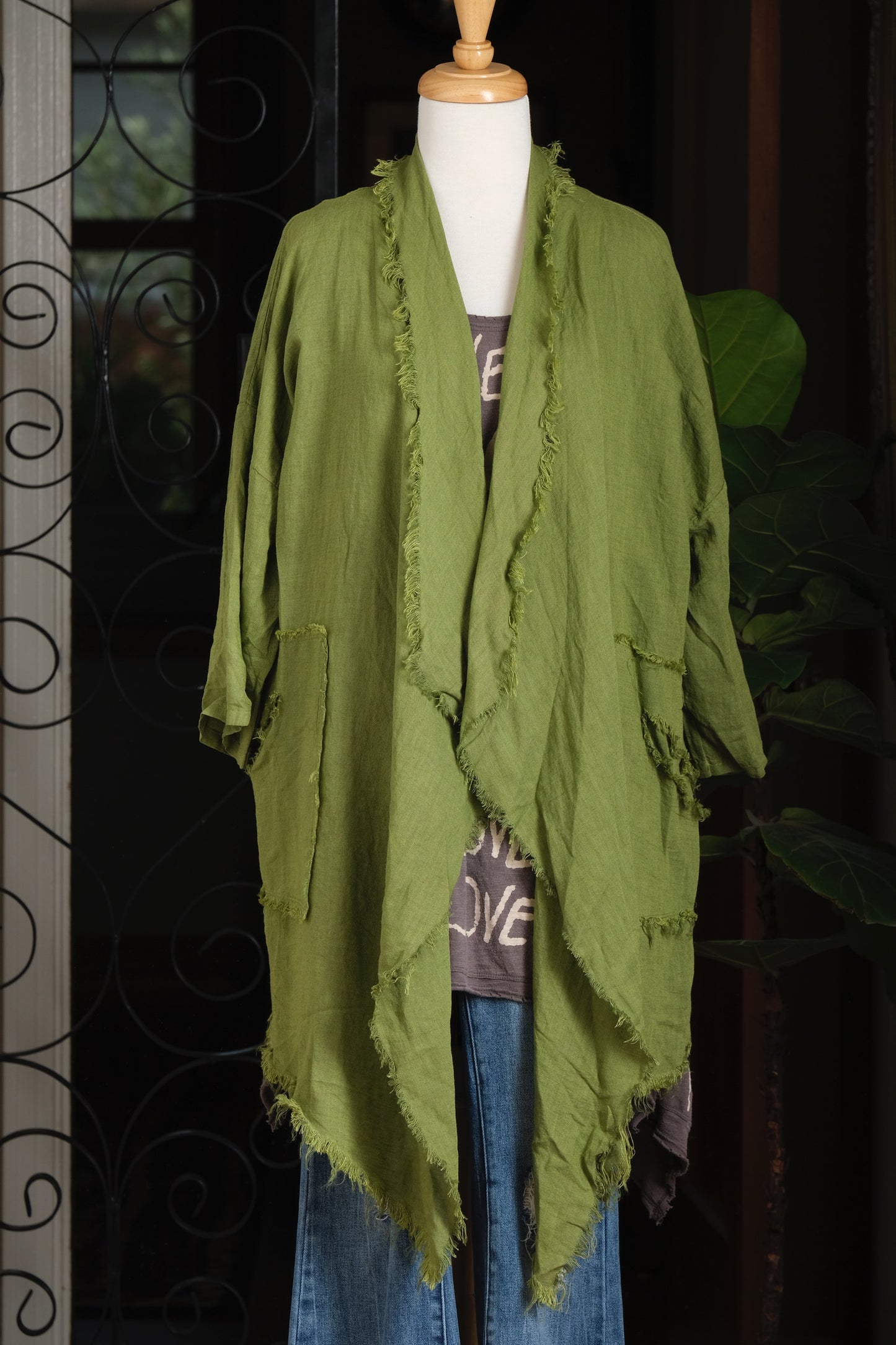 Linen Distressed Cardigan in Chartreuse