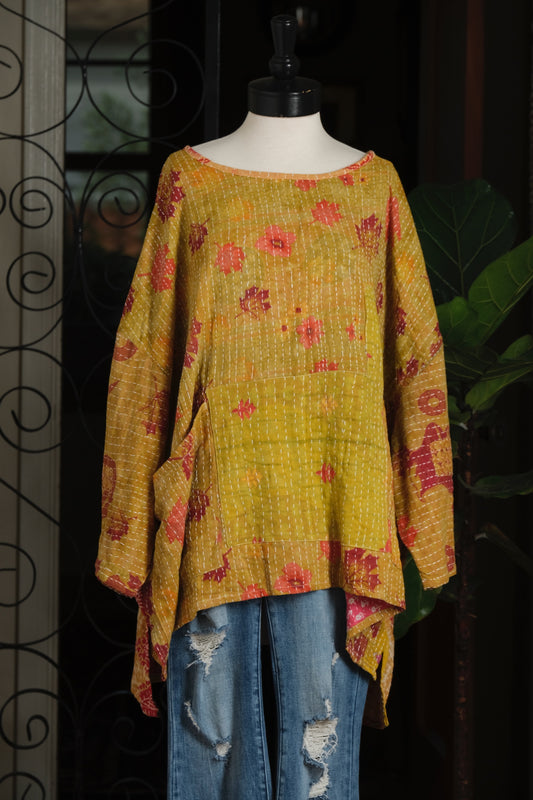 Kantha Dream Pullover in Red Falling Leaves