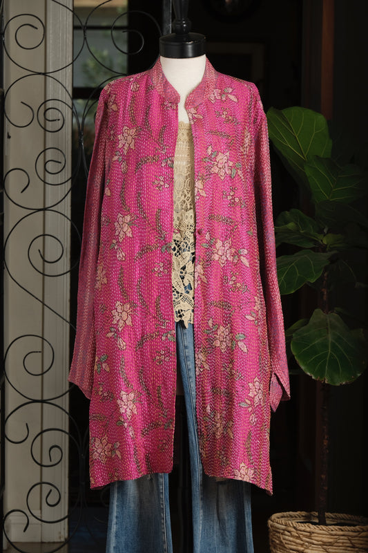 Kantha Silk Jacket in French Fuchsia Flower
