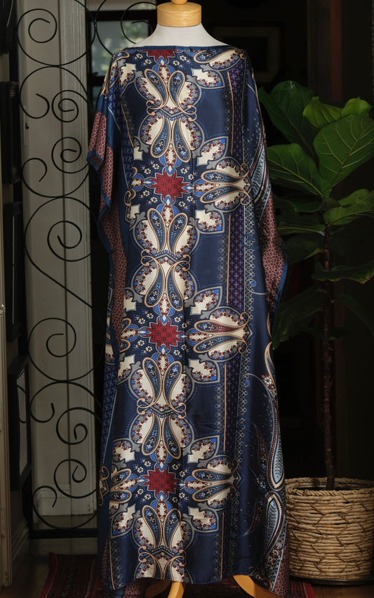 Silky Caftan in Navy Paisley with Matching Scarf
