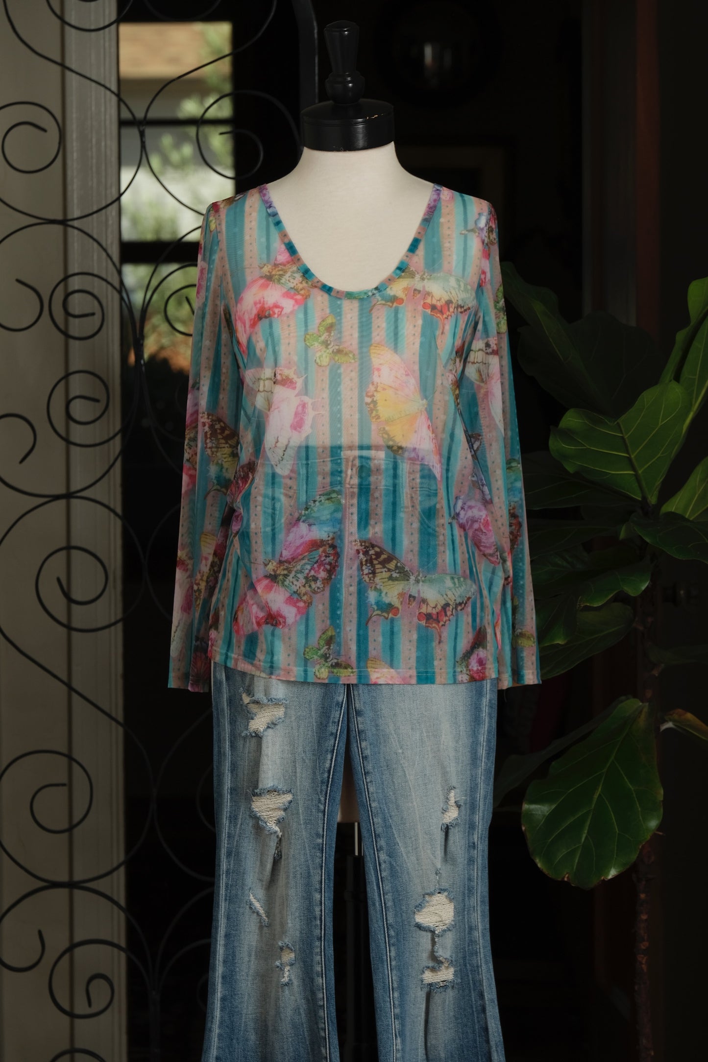 Stripes and Butterflies Mesh Top