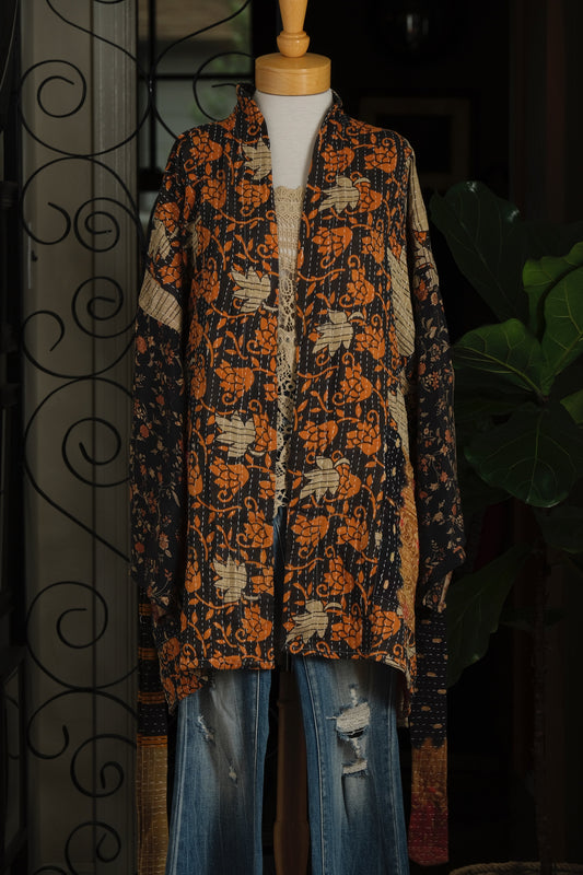 Silk Sleeve Kantha Jacket in Orange Lotus