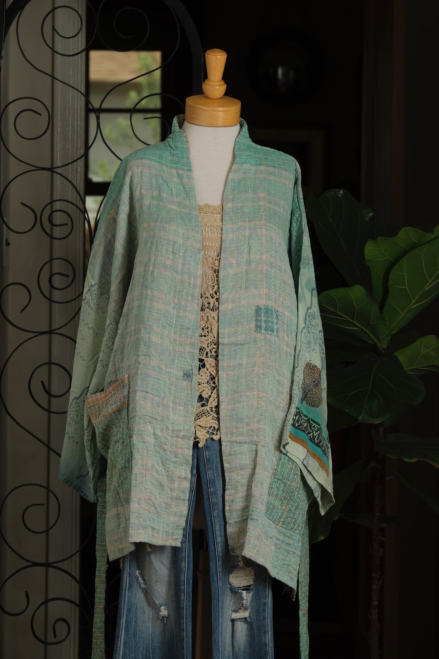 Silk Sleeve Kantha Jacket in Ombre Mint