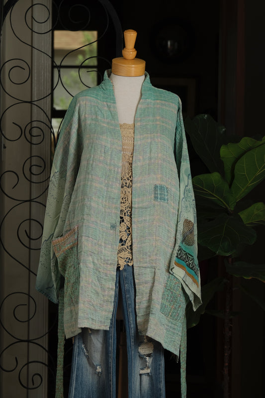 Silk Sleeve Kantha Jacket in Ombre Mint