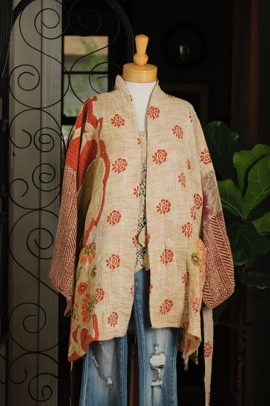 Silk Sleeve Kantha Jacket in Cloud Flower