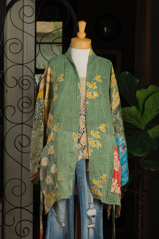 Silk Sleeve Kantha Jacket in Lemon Leaf