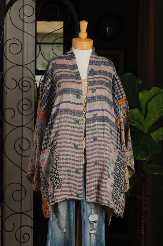 Silk Sleeve Kantha Jacket in Mystic Plaid