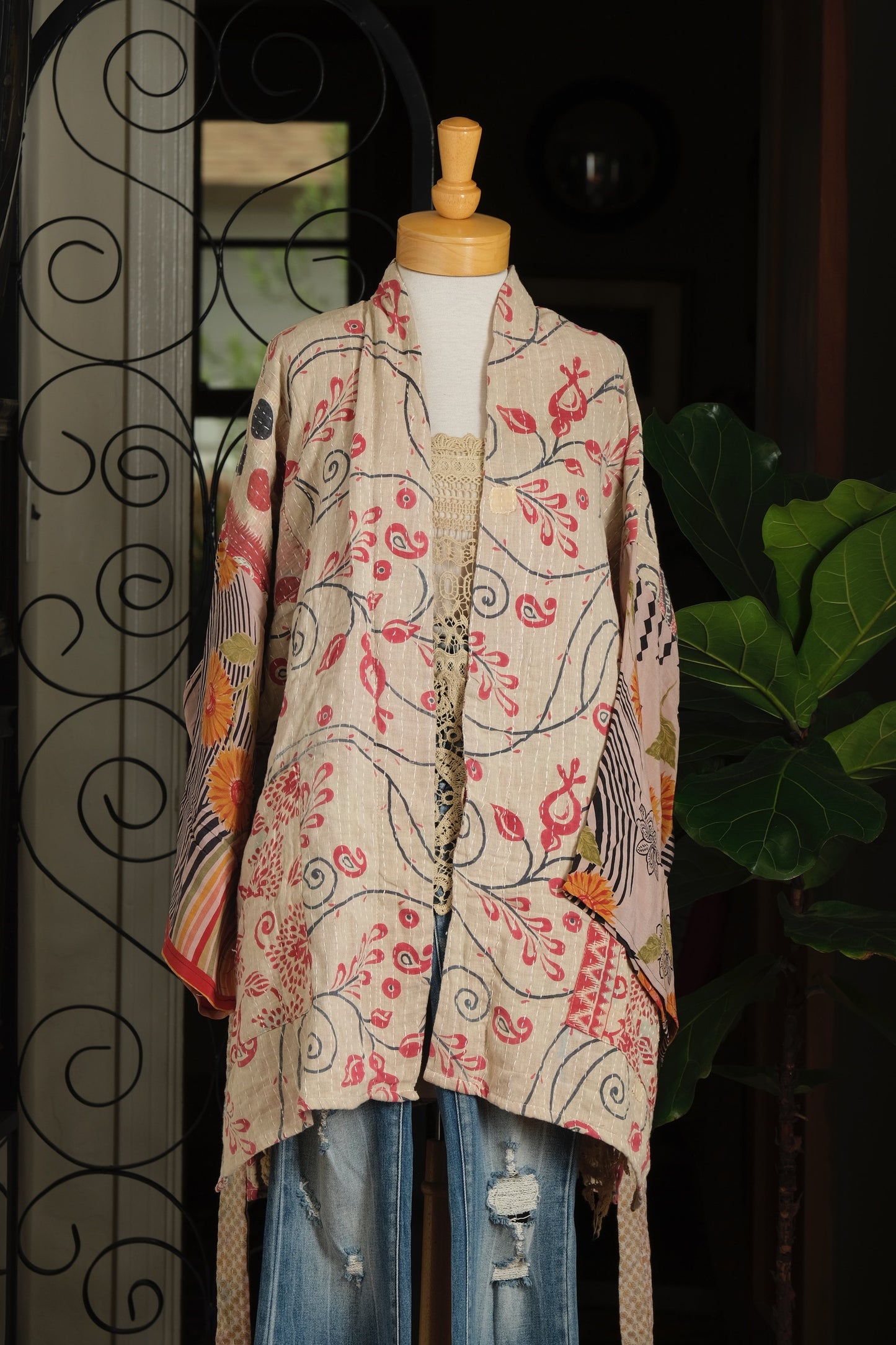 Silk Sleeve Kantha Jacket in Stripe Daisy