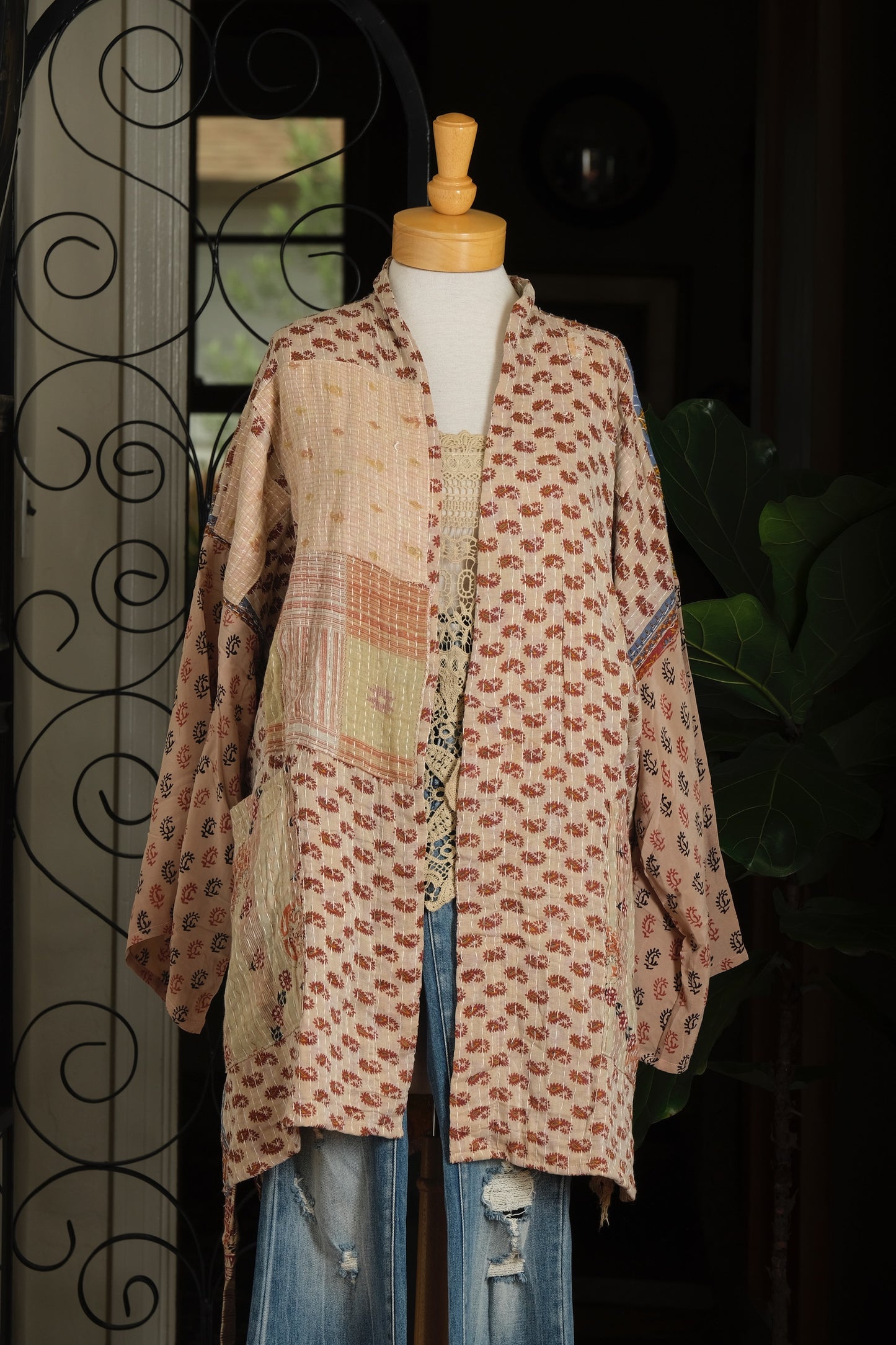 Silk Sleeve Kantha Jacket in Willow Patch