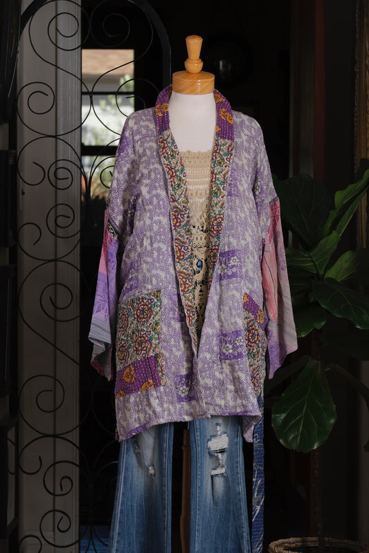 Silk Sleeve Kantha Jacket in Lavender Flower