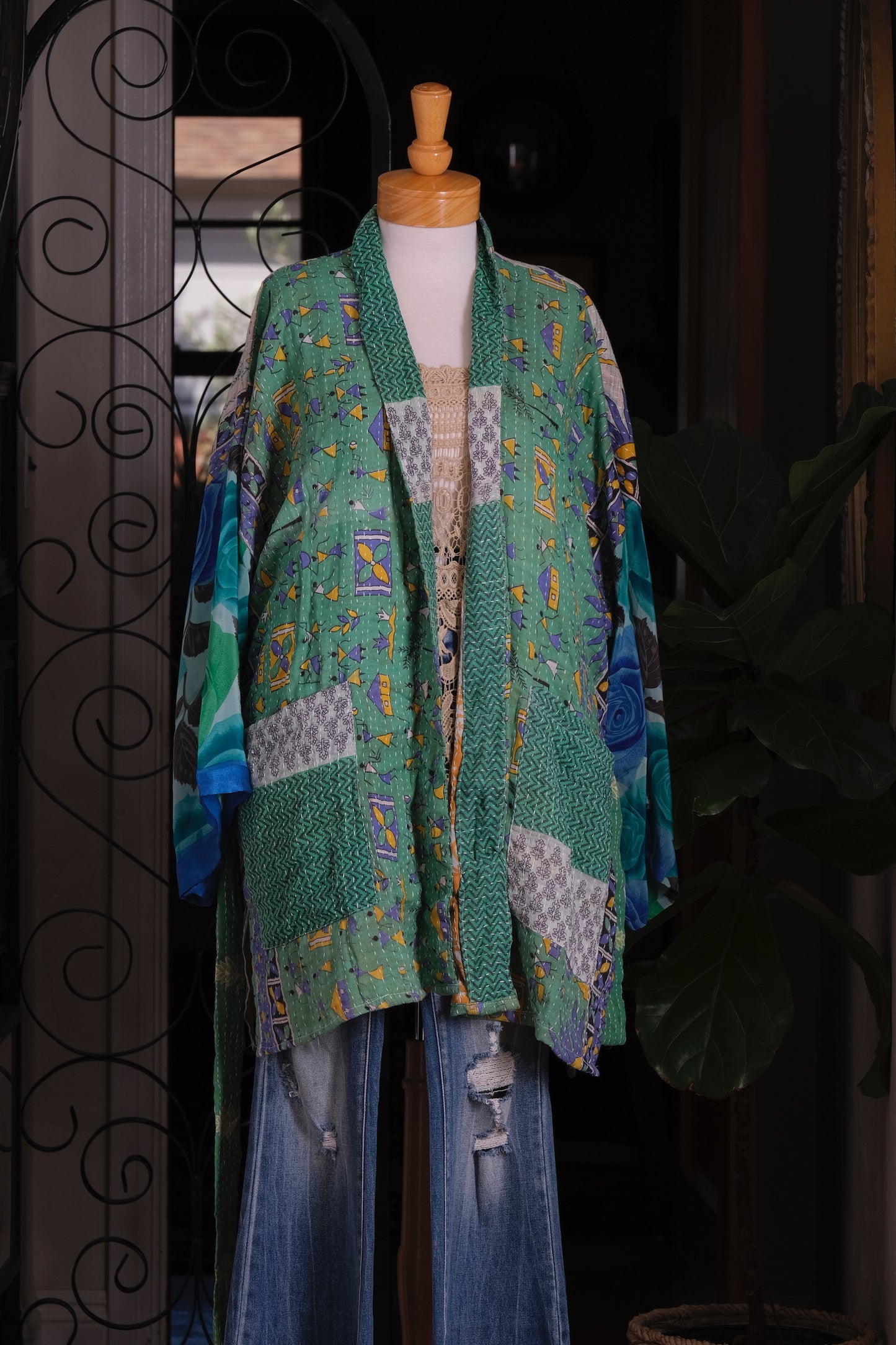 Silk Sleeve Kantha Jacket in Green Village
