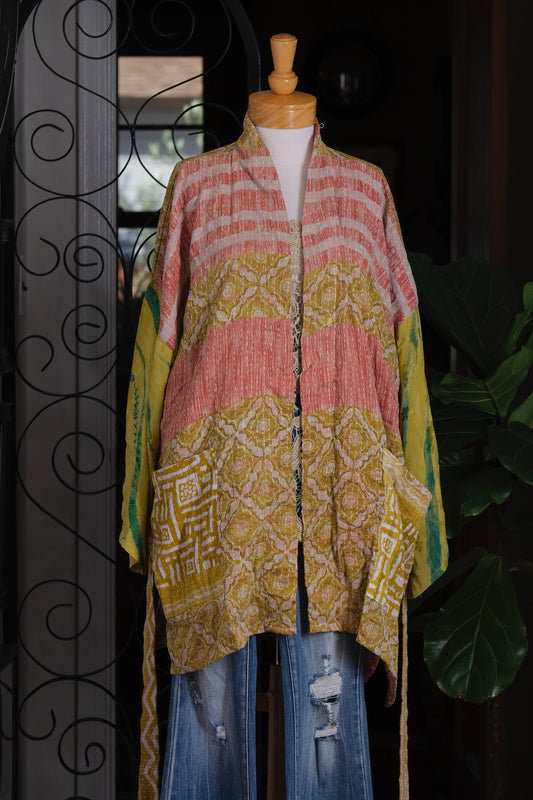 Silk Sleeve Kantha Jacket in Golden Coral
