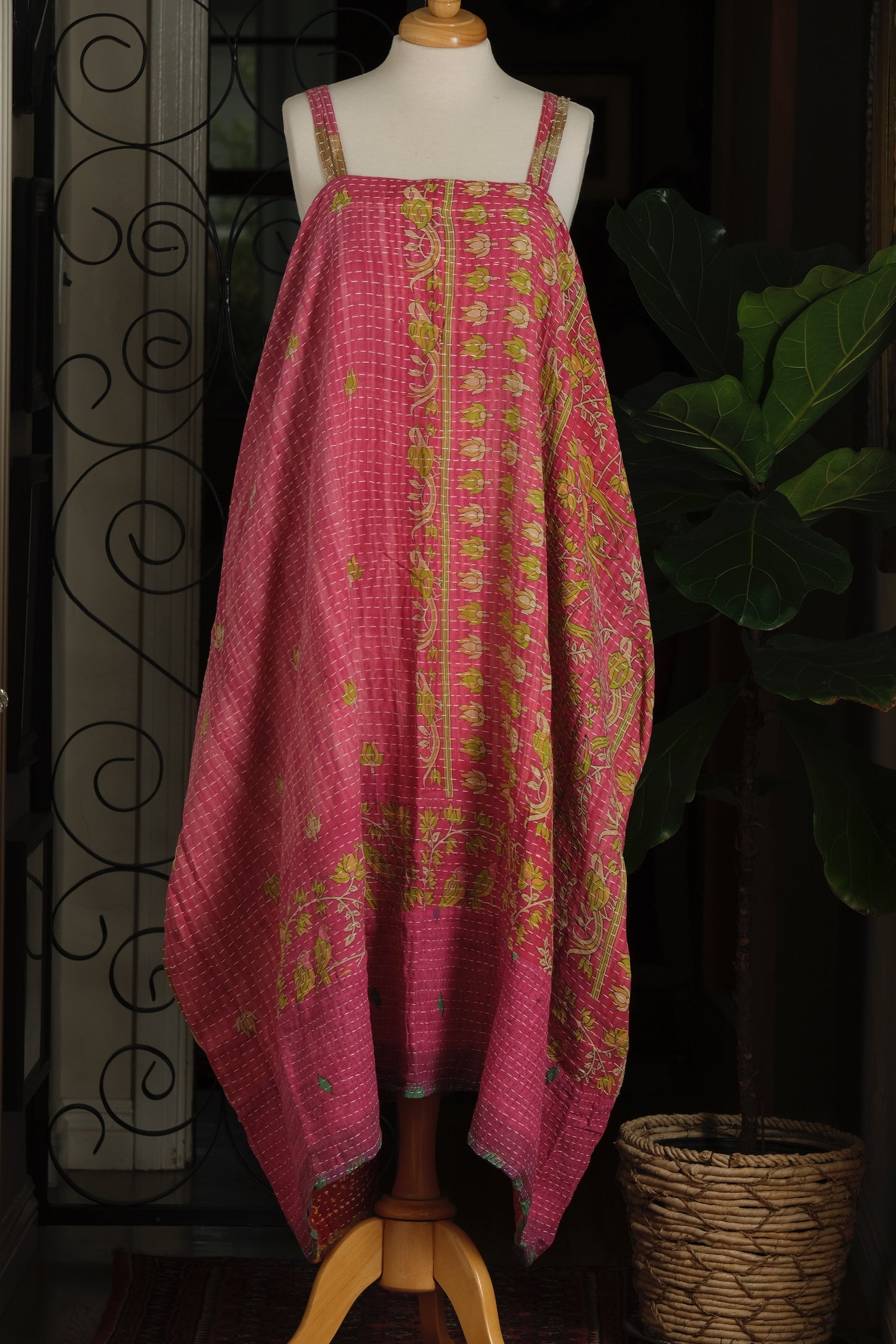 Kantha Maxi Dress in Pink Lotus Garden