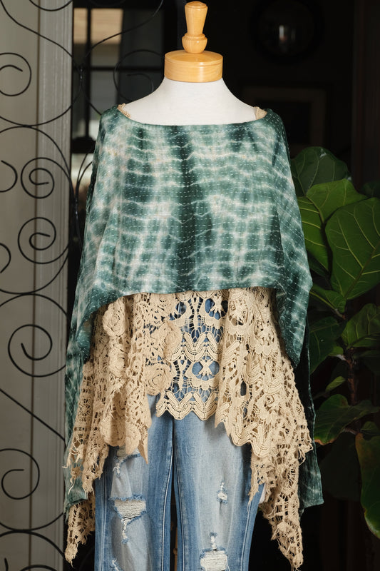 A bohemian style crop top in green and white tie dye