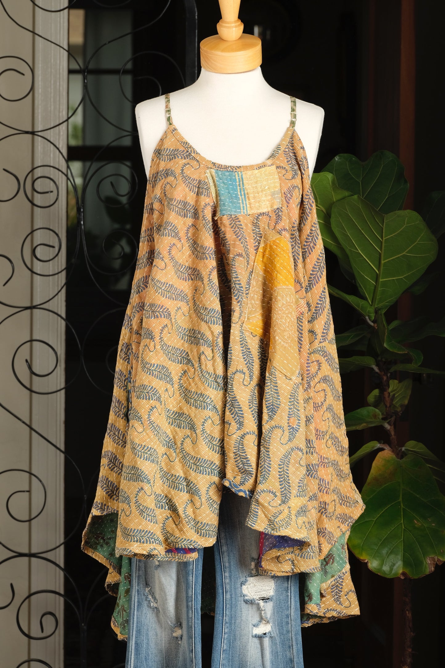 Kantha Swing Dress in Blue Frond