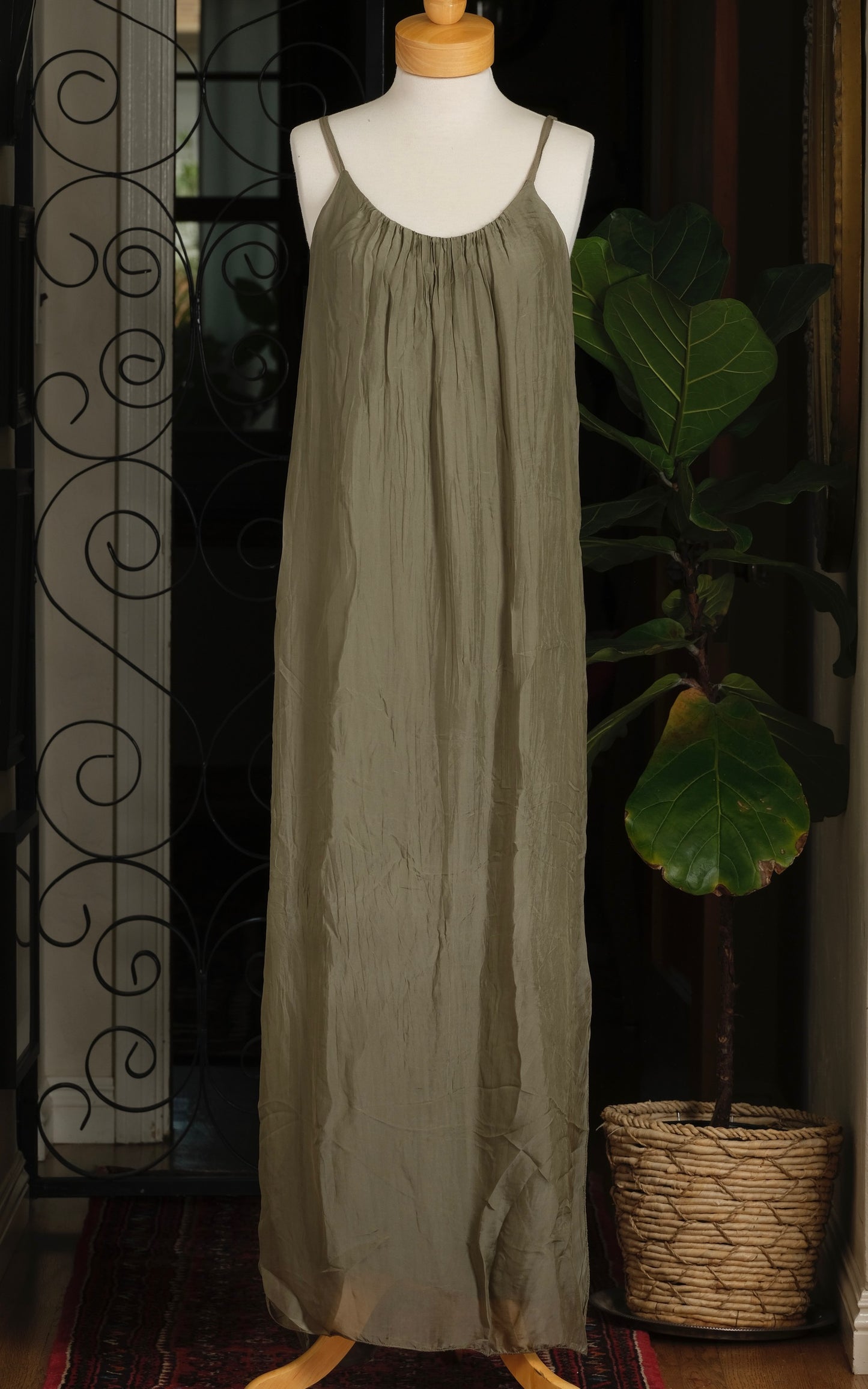 Silk Slip Dress in Olive