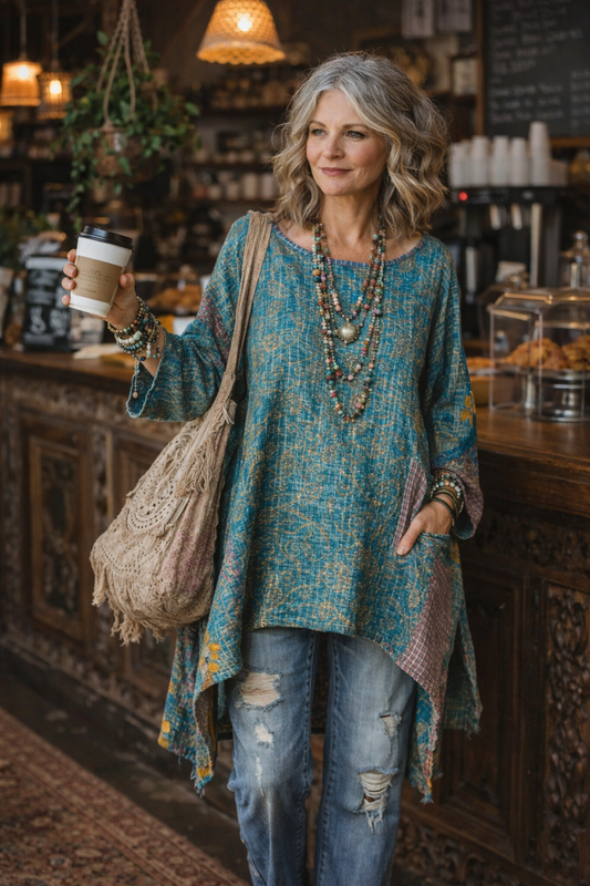 Kantha Dream Pullover in Turquoise Vine