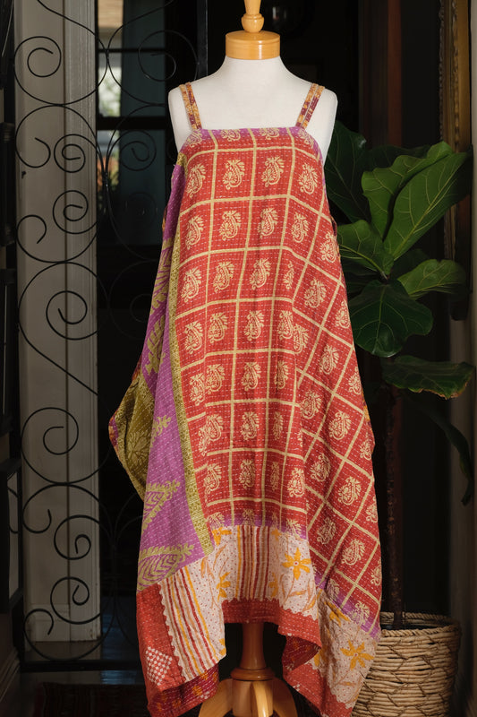 Kantha Maxi Dress in Fuschia Rust