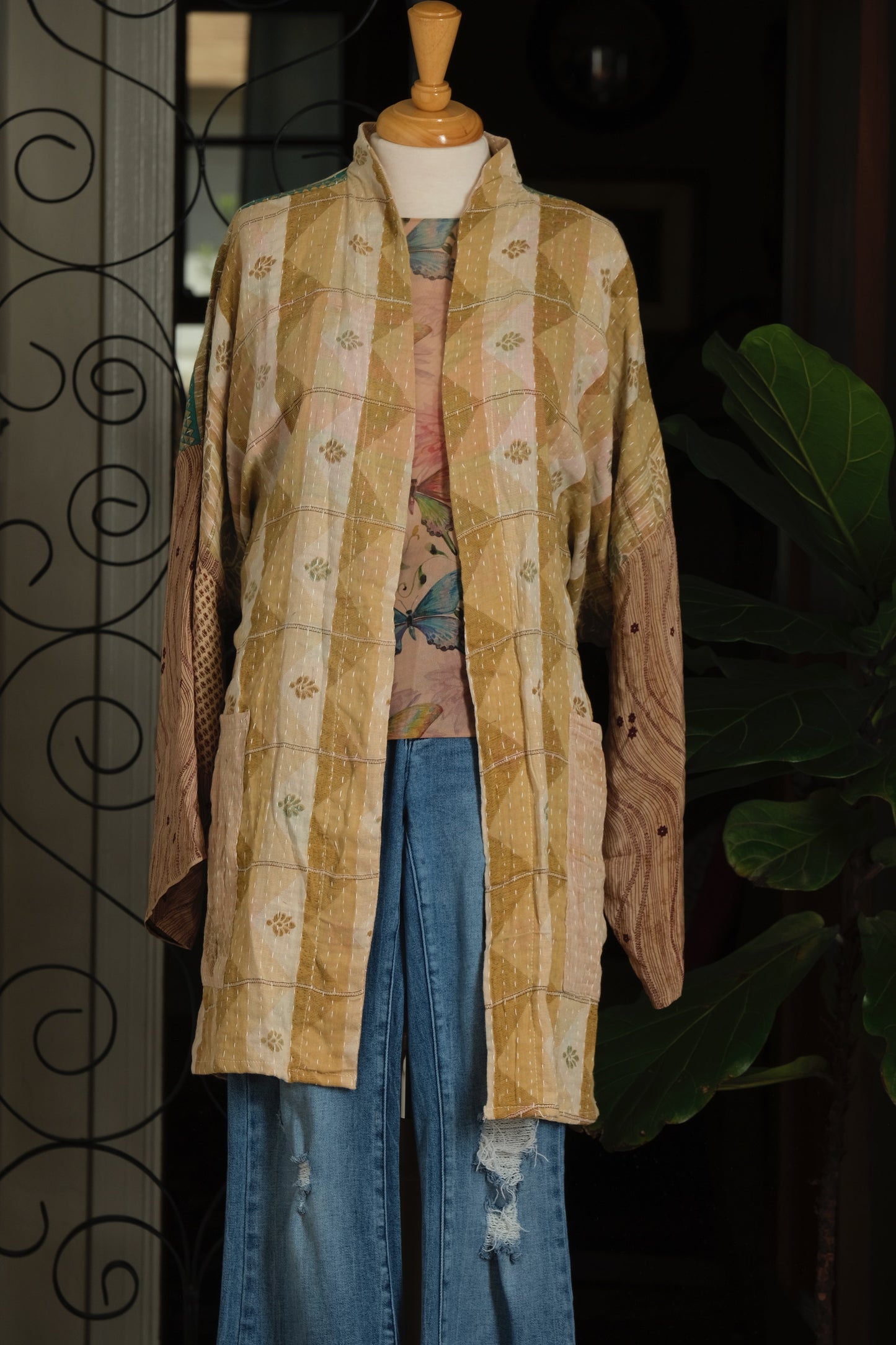 Silk Sleeve Kantha Jacket in Sweet Almond