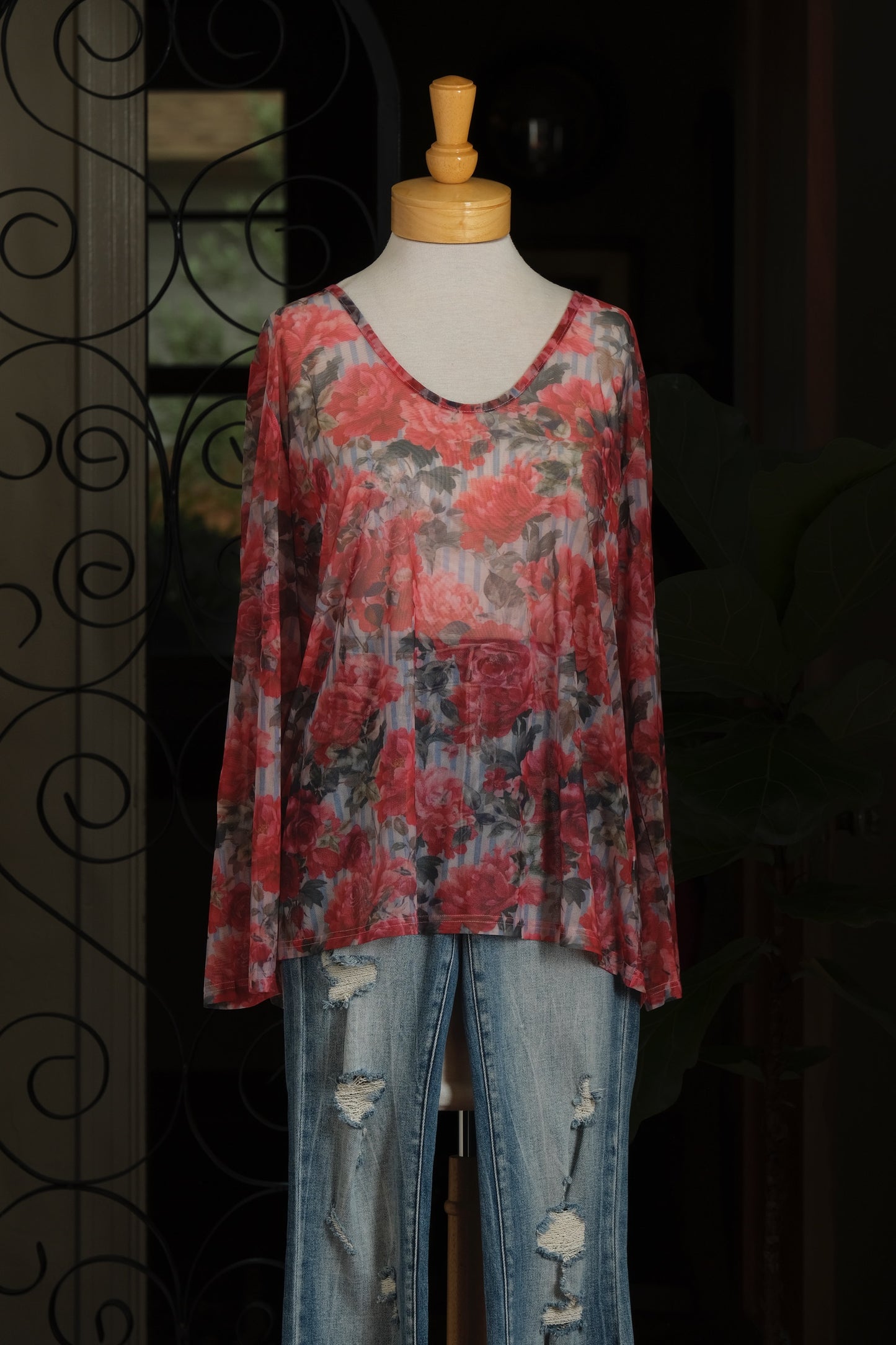 Stripes and Roses Mesh Top