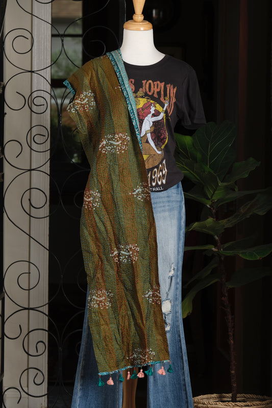 Silk Tassel Scarf in Green Stripe