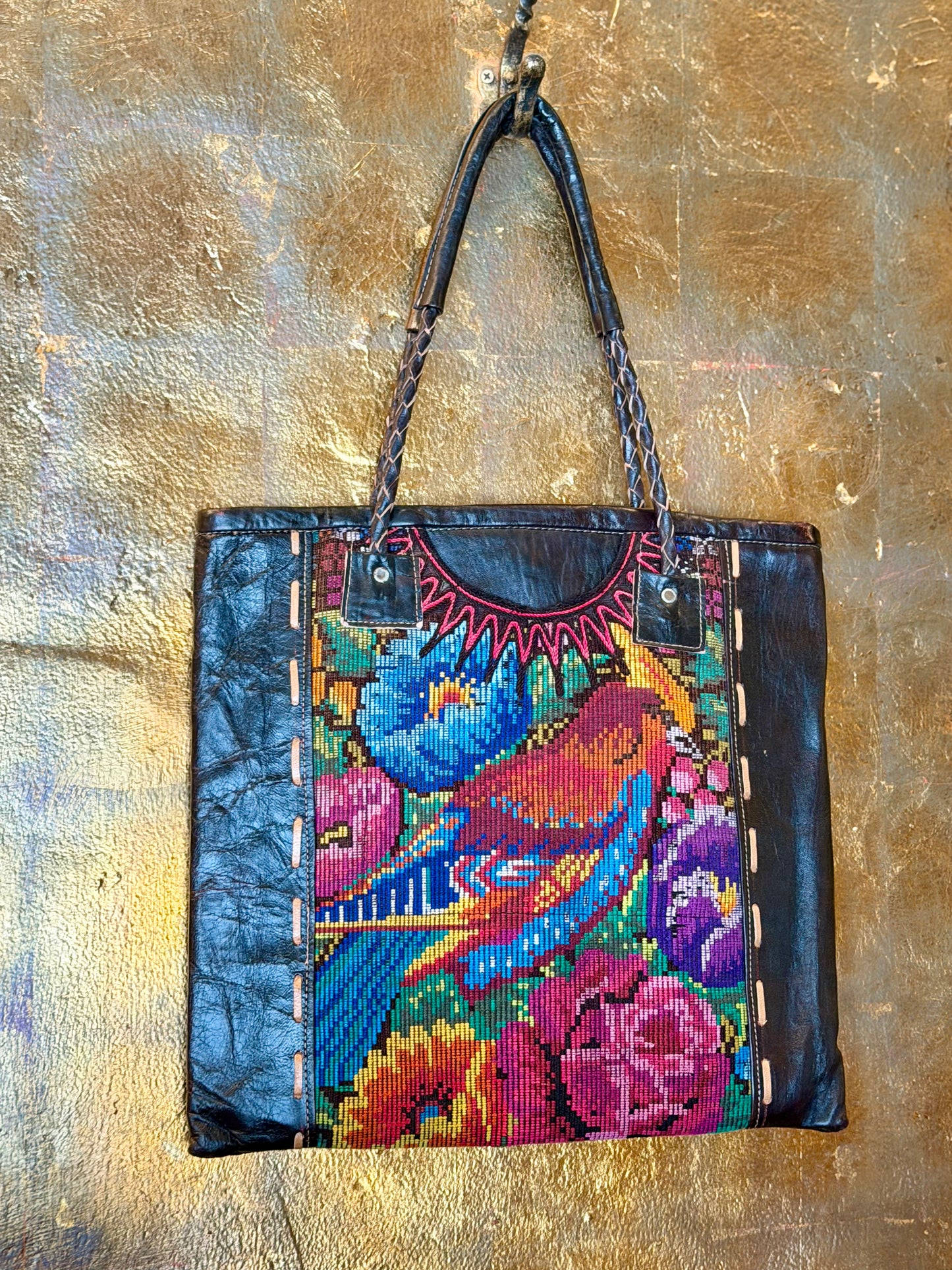Needlepoint Leather Tote in Bird