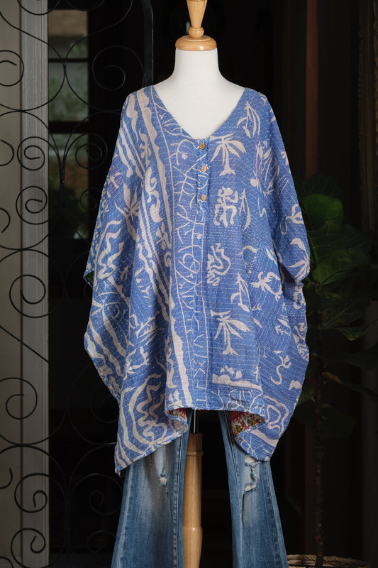 Kantha Button Top in Isle of Blue