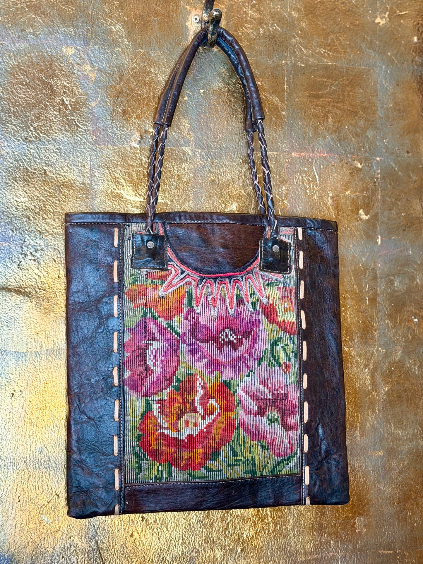 Needlepoint Leather Tote in Field of Flowers